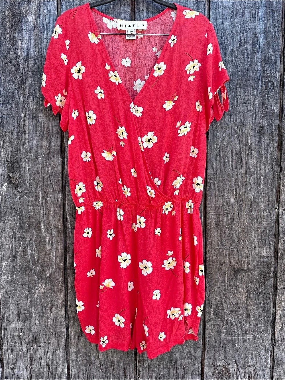 Hiatus Woman’s XL Coral Floral Romper Crossover Front Elastic Waistband